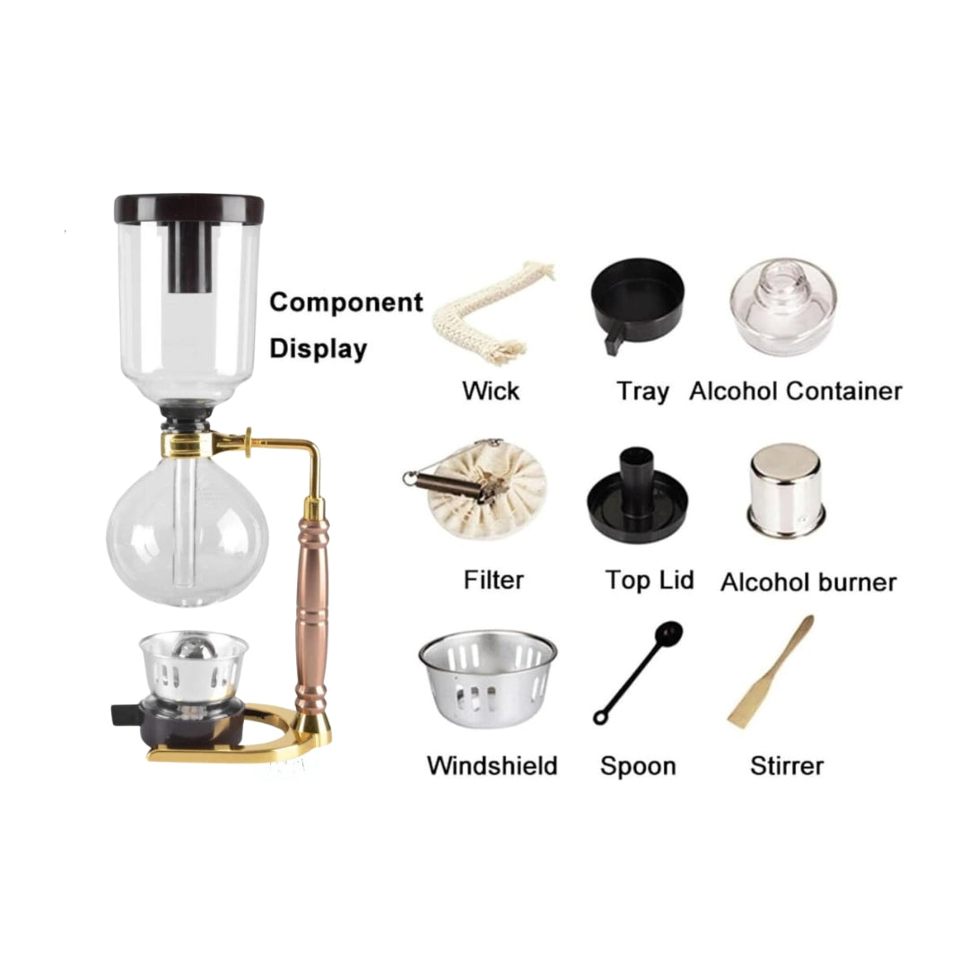 Liying 3cup Tabletop Syphon Coffee Maker with Alcohol Burner Plastic Coffee Powder Spoon Filter Cloth and Wooden Stirrer Black Coffee maker