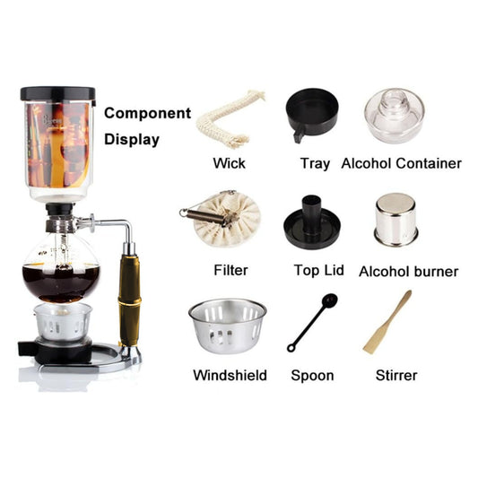 Liying 3cup Tabletop Syphon Coffee Maker with Alcohol Burner Plastic Coffee Powder Spoon Filter Cloth and Wooden Stirrer Wooden Handle Coffee maker