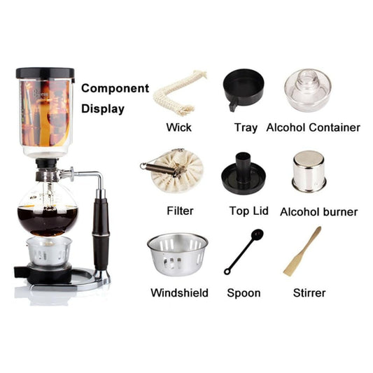 Liying 3cup Tabletop Syphon Coffee Maker with Alcohol Burner Plastic Coffee Powder Spoon Filter Cloth and Wooden Stirrer Black Coffee maker