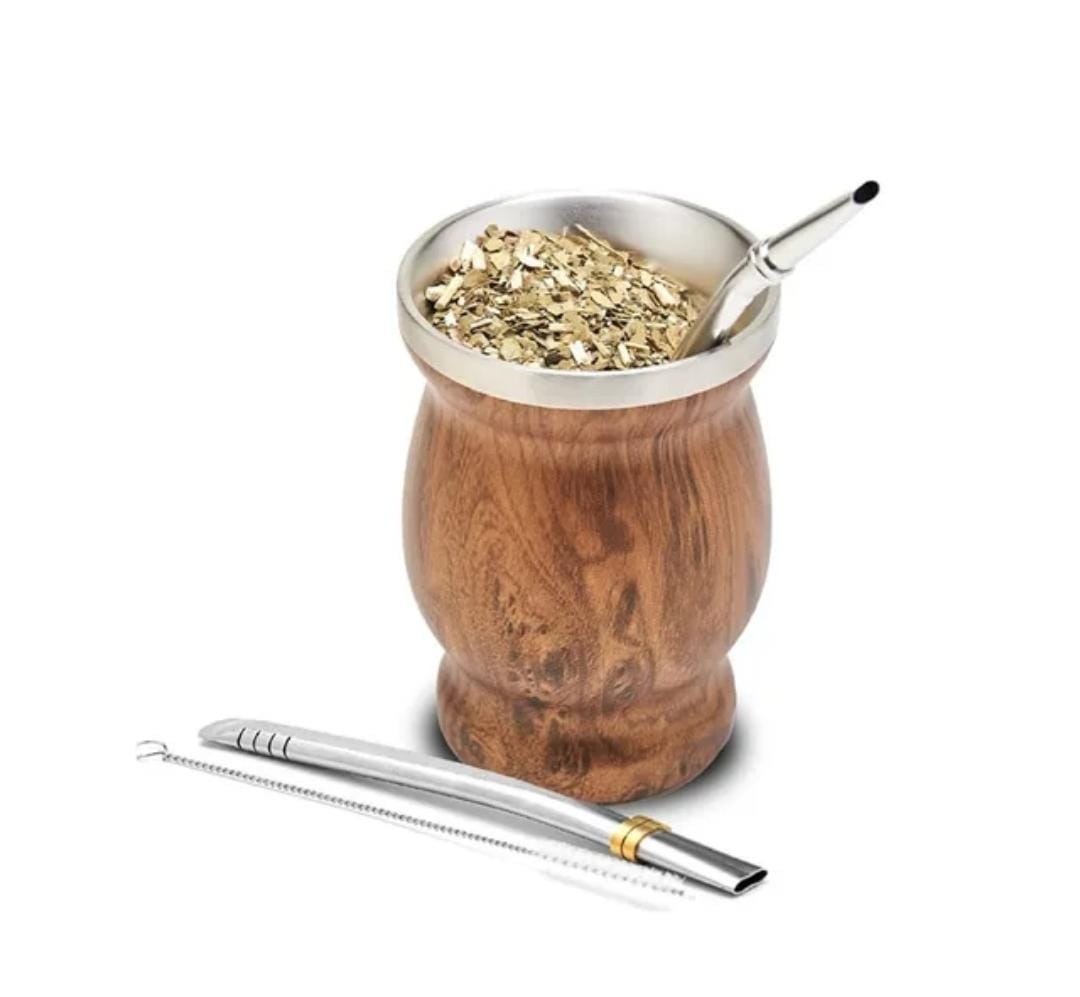 Liying Stainless Steel Double Wall Mate Cup And Bombilla Set Yerba Mate set Includes One Yerba Mate Cup 2 Bombillas Mate Straw & Brush Brown Cups