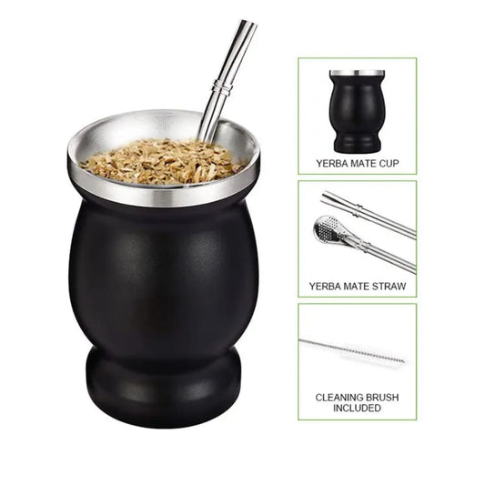 Liying Stainless Steel Double Wall Mate Cup And Bombilla Set Yerba Mate set Includes One Yerba Mate Cup 2 Bombillas Mate Straw Brush White Cups