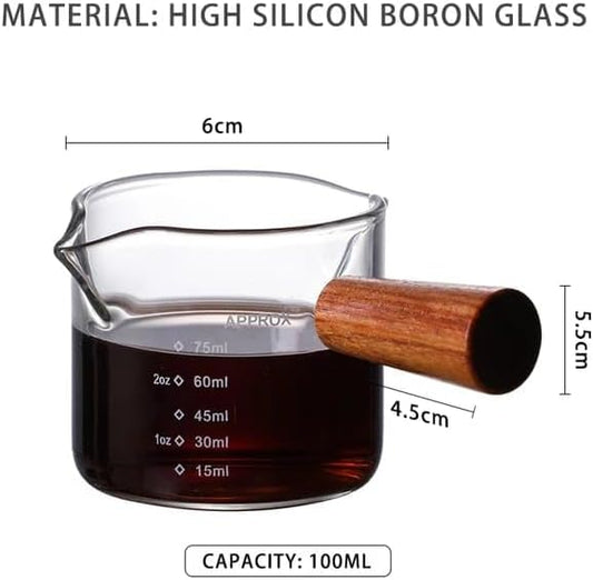 Liying 2Pcs Espresso Measuring Cup and Espresso Shot Glass with Wooden Handle and Double Spouts as Espresso Accessories for Coffee Milk Honey