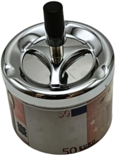 Liying Euro Currency Design Round Push Down Ashtray with Spinning Tray Metal Cigarette Ashtray (10cm) Inches Home Ashtray for Indoor and Outdoor, Home, Office Tabletop Decoration