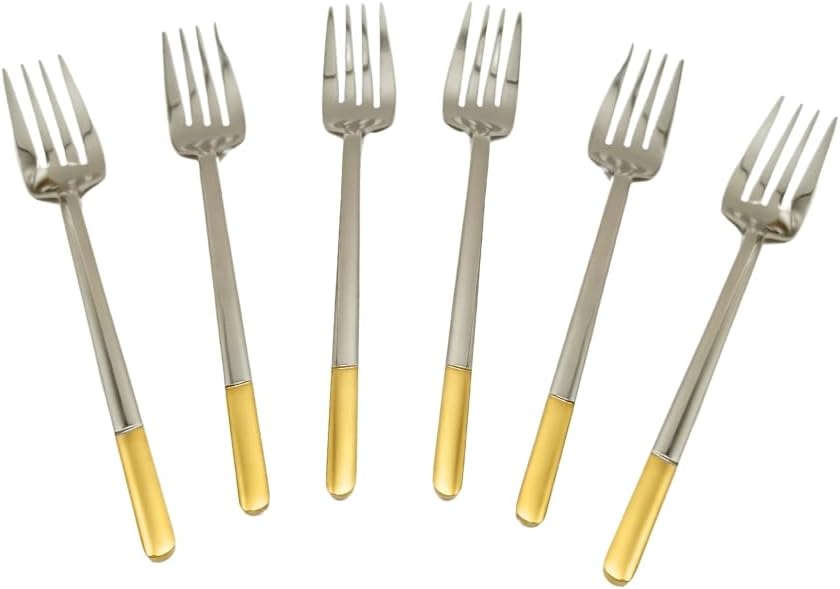 Liying 6Pcs Gold Topper Design Stainless Steel Dinner Fork Set 21cm x 2.5cm, Modern Silver Big Fork for Home, Kitchen, Restaurant, Fine Edge & Mirror Polished, Dishwasher Safe