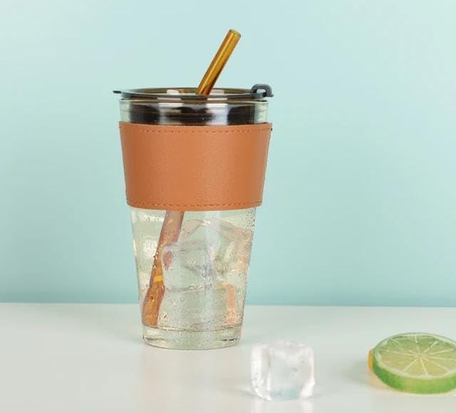Liying 450ml Glass Coffee Tumbler with Straw and Lid Sealed Carry on, Glass Iced Coffee Cup, Leak-Proof Glass Tumbler Cup, Reusable Smoothie Mugs for Cold & Hot Drinks, Coffee, Tea, Shake (Brown)