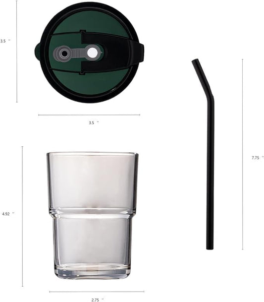 Liying 350ml Glass Coffee Tumbler with Straw and Lid Sealed Carry on, Glass Iced Coffee Cup, Leak-Proof Glass Tumbler Cup, Reusable Smoothie Mugs for Cold & Hot Drinks, Coffee, Tea, Shake (Black)