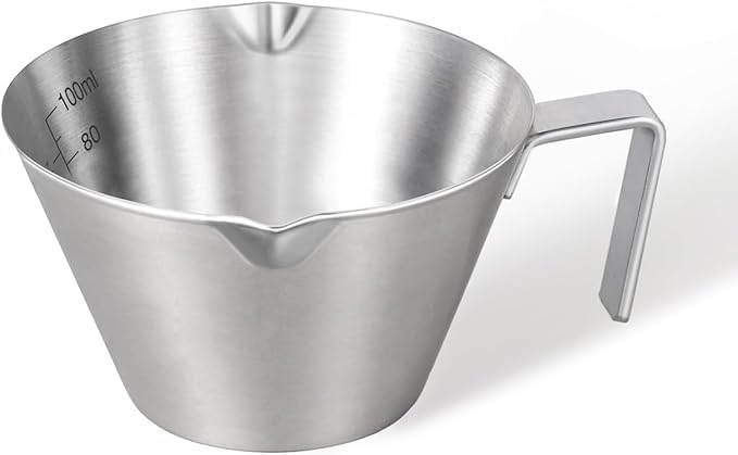 Liying 1Pcs Stainless Steel Espresso Cups 100ml, Espresso Accessories, Double Spout Metal Measuring Cup with Dual Scale, Espresso Shots Cup with Handle, Coffee Bean Weighing (Silver)