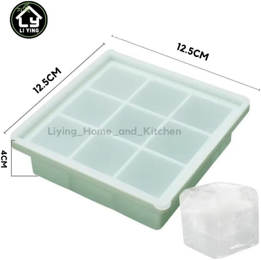 Liying Reusable 4cm Ice Cube Trays, Easy Release Silicone Square Ice Sphere Tray with Lids & Funnel for Whiskey, Cocktails (9 Square Ice Cube in 1 Tray)
