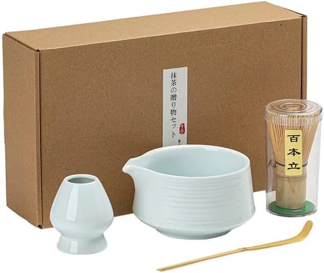 Liying Japanese MatchaSet Includes Matcha Bowl with Spout, Matcha Whisk Holder (chasen), Bamboo Matcha Whisk and Bamboo Scoop (Blue)