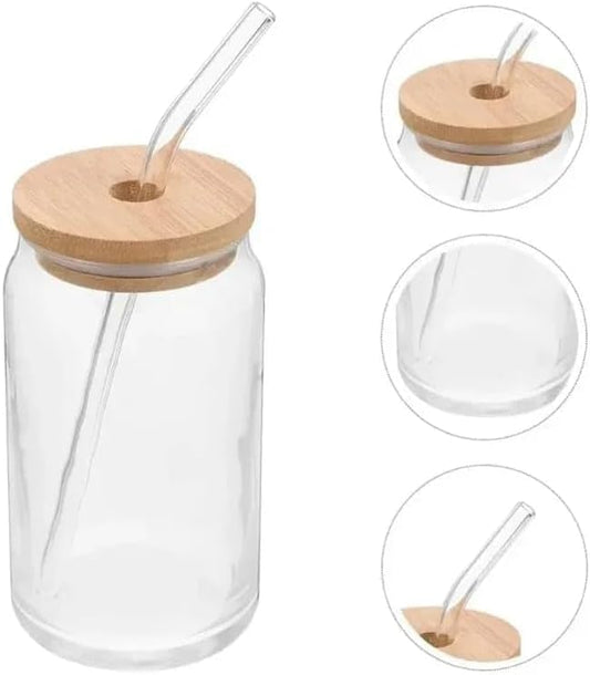 Liying 1Pcs Glass Cups with Bamboo Lids and Glass Straw 525ML Shaped Cups, Beer Mug, Cute Tumbler Cup, Ideal for Iced Coffee, Cocktail