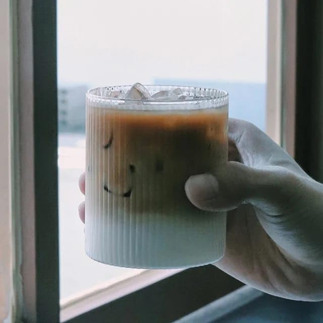 Liying 3Pcs Vintage Coffee Mug 300ml Glass Cup Large Wide Mouth Clear Glass Tea Cup Aesthetic Stripe Glassware for Coffe, Tea, Dessert Beverage