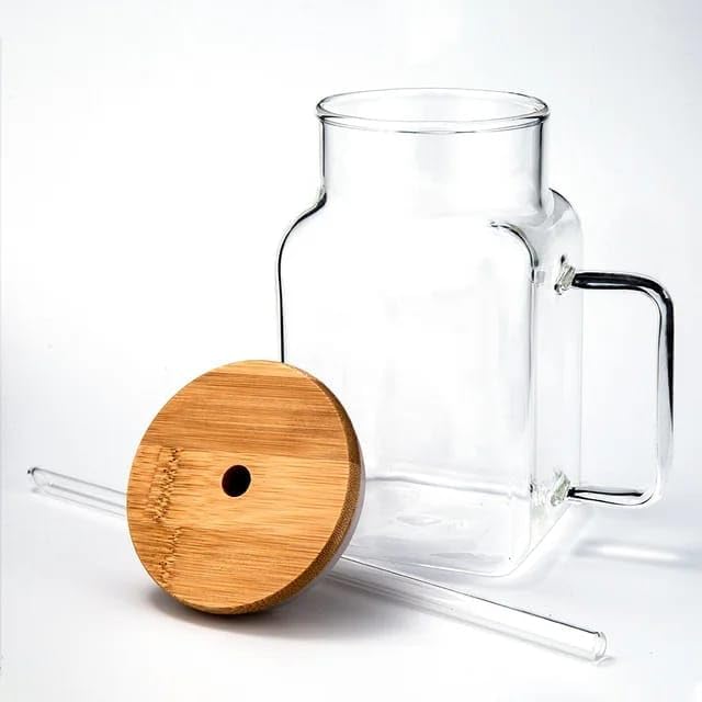 Liying 500ml Mug with Bamboo Lid and Glass Straw Set of 1 with Wide Mouth Reusable Drinking Glasses,Boba Cup, Smoothie Tumbler, Iced Coffee Cup, Travel Mug