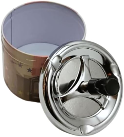 Liying Euro Currency Design Round Push Down Ashtray with Spinning Tray Metal Cigarette Ashtray (10cm) Inches Home Ashtray for Indoor and Outdoor, Home, Office Tabletop Decoration