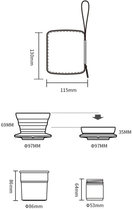 Liying Portable Hand Brew Coffee Set Include a Stainless Steel Cup, Origami Silicone Filter Holder, Coffee Storage Jar and Pouch with 20Pcs of filter paper for Travelling, Camping, Outdoor (Black)