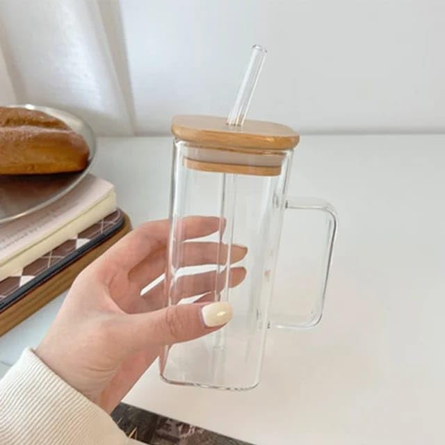 Liying Glass Cups with Lids and Straws, Glass Tumblers with Handles, 450ML Iced Coffee Cups, Drinking Glasses for Cocktails, Tea Cups