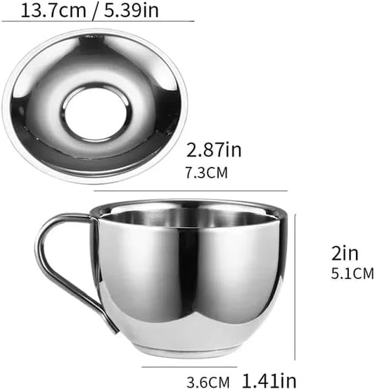 Liying 2Pcs Insulated Espresso Cup Stainless Steel Coffee Mugs Set (180ml), Double Walled Coffee Cup with Saucer and Spoon, Espresso Latte Cappuccino Milk Tea Cup