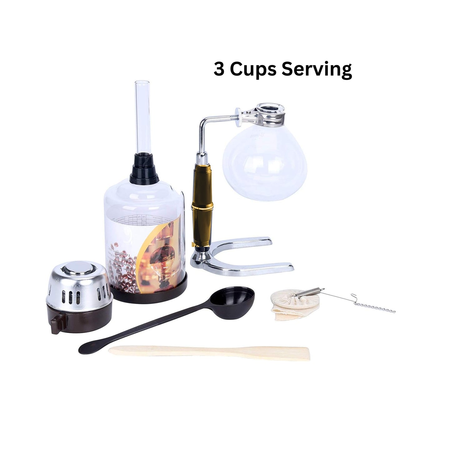 Liying 3cup Tabletop Syphon Coffee Maker with Alcohol Burner Plastic Coffee Powder Spoon Filter Cloth and Wooden Stirrer Wooden Handle Coffee maker