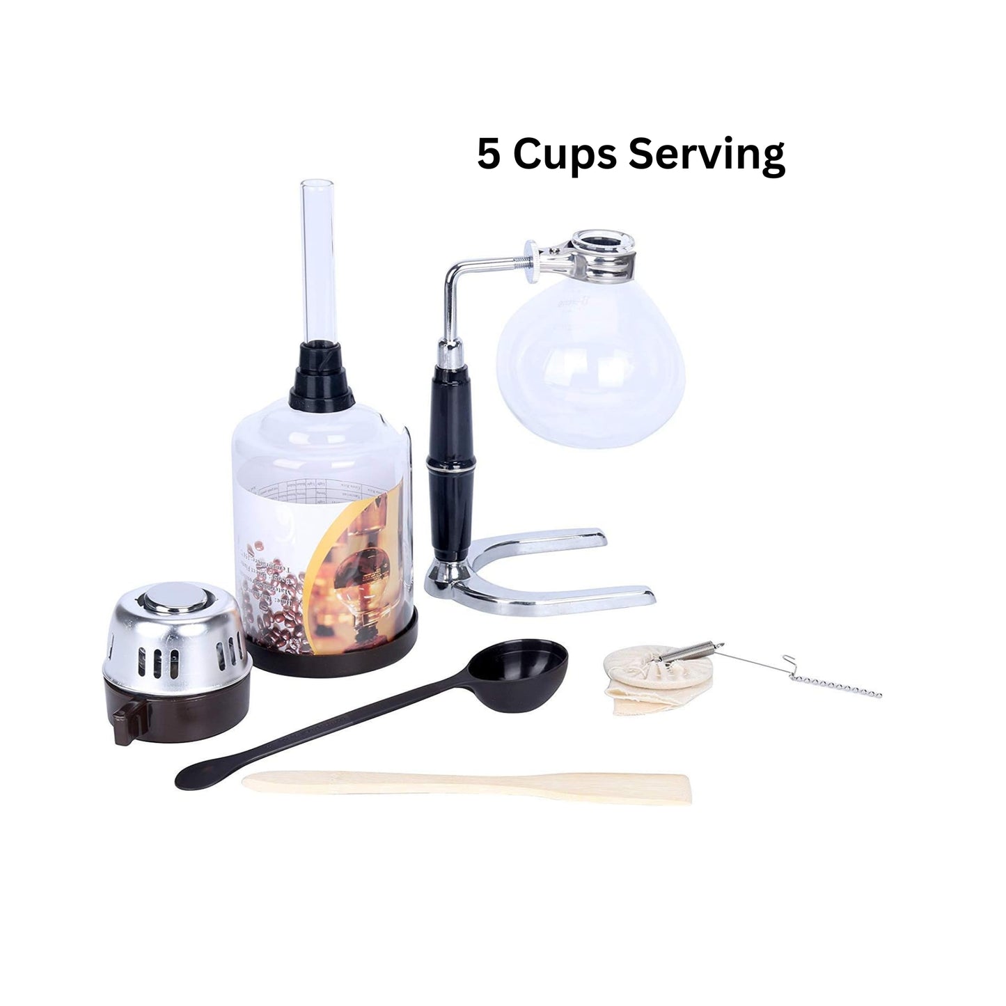 Liying 5cup Tabletop Syphon Coffee Maker with Alcohol Burner Plastic Coffee Powder Spoon Filter Cloth and Wooden Stirrer Black Coffee maker