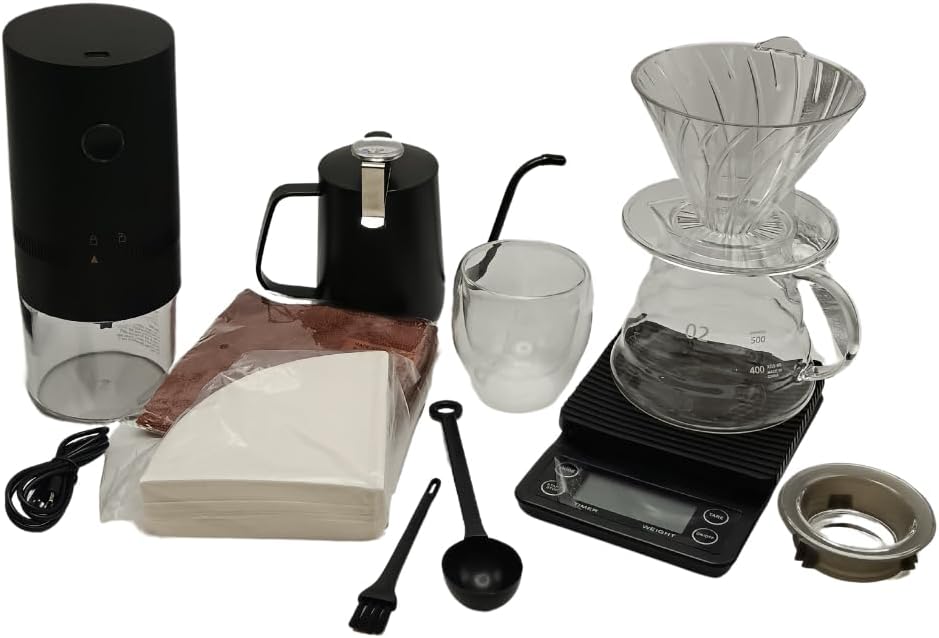 Liying 12Pcs Travel Coffee Set with Goose Neck Kettle, Digital Scale, Double Walled Glass Mug, Glass Server, Electric Grinder, Acrylic Dipper, 100 pcs Paper Filter, towel and Scope for Drip Coffee