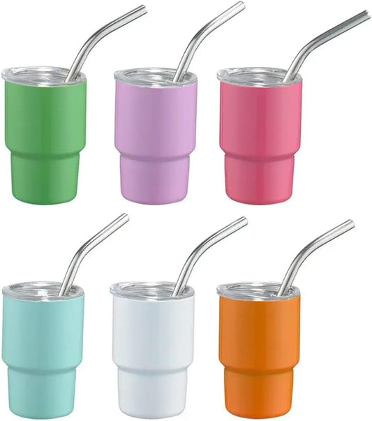 Liying 6Pcs Double Wall Stainless Steel cup with straw set (88ml), Coffee Mug Insulated Tumbler Cup for Champaign, Cocktail, Beer (multicolour)