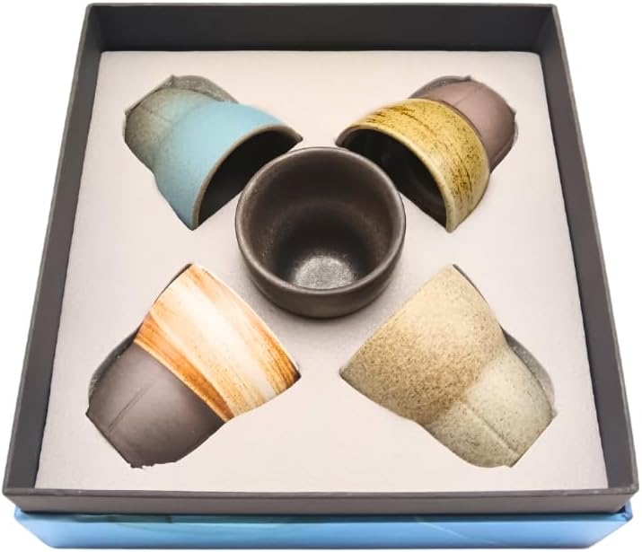 Liying Ceramic Coffee Cup Set, 100ml, 5 Pieces, Handmade Art Design, Shiny Brown with Gift Box