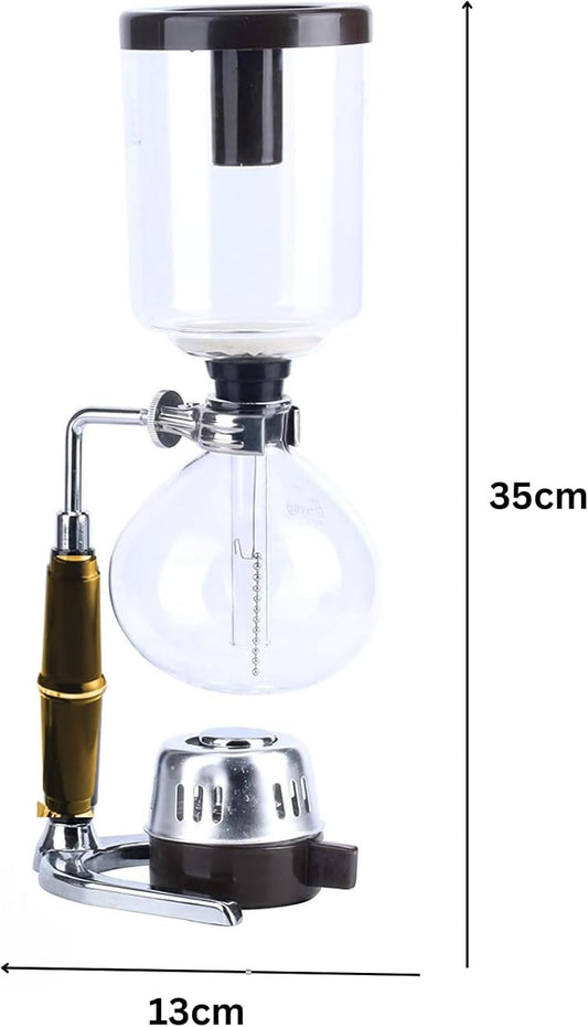 Liying 3cup Tabletop Siphon (Syphon) Coffee Maker with Alcohol Burner, Plastic Coffee Powder Spoon, Filter Cloth and Wooden Stirrer (Wooden Handle)