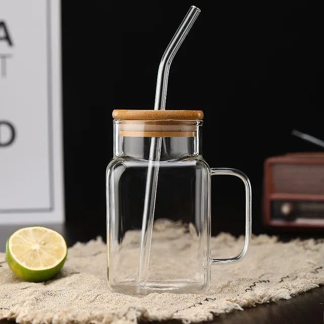 Liying 500ml Mug with Bamboo Lid and Glass Straw Set of 1 with Wide Mouth Reusable Drinking Glasses,Boba Cup, Smoothie Tumbler, Iced Coffee Cup, Travel Mug