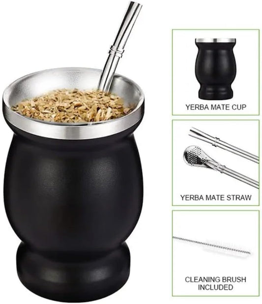 Liying Stainless Steel Double-Wall Mate Cup And Bombilla Set - Yerba Mate set Includes One Yerba Mate Cup, 2 Bombillas Mate (Straw) & Brush (black)