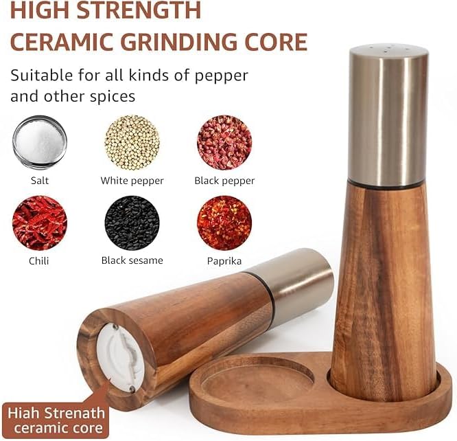 Liying Salt Shaker and Pepper Grinder with Tray, High Strength Ceramic Grinding Core, Refillable Salt Shaker & Pepper Mill Adjustable for Customized Coarseness (Gold)