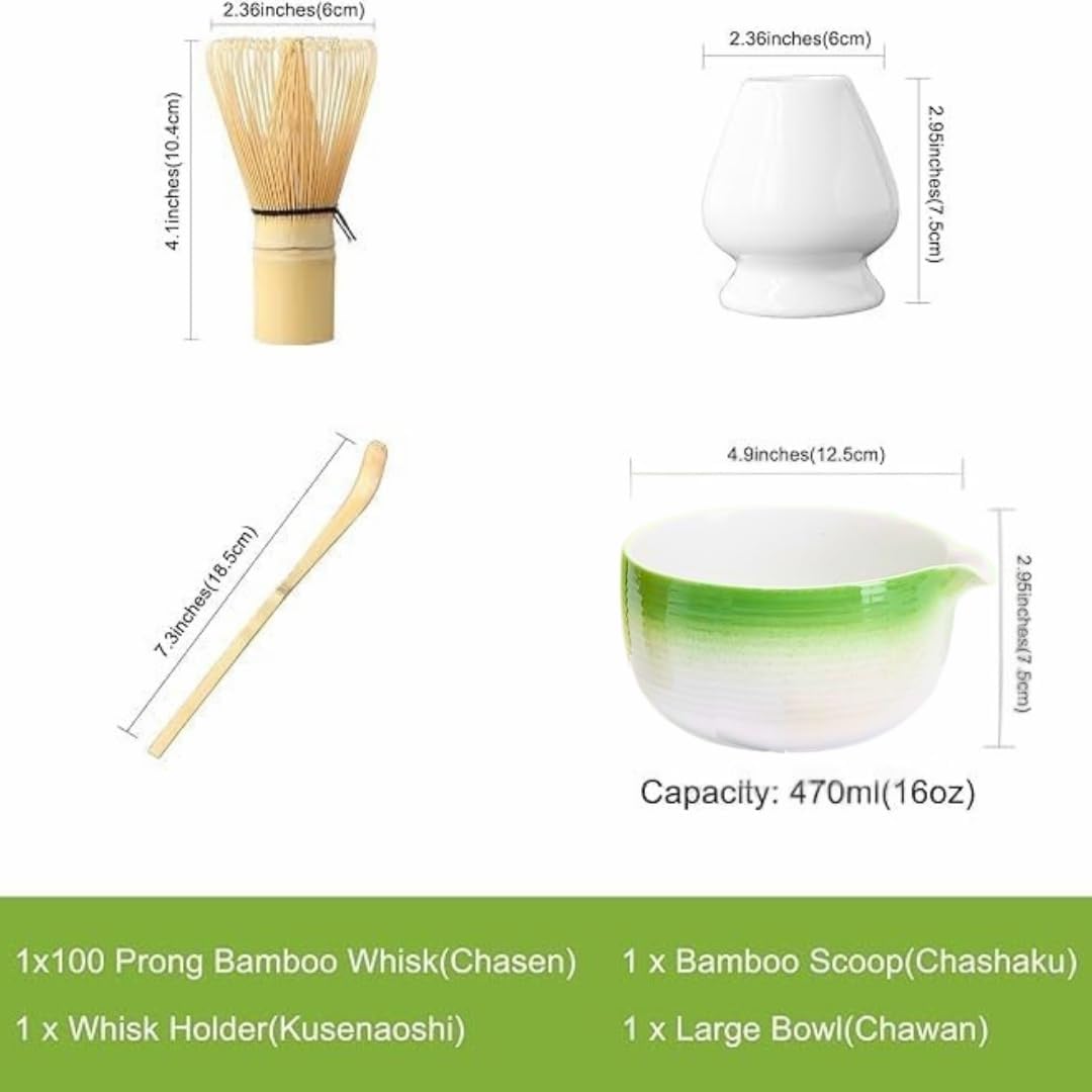 Liying Japanese Matcha Set Includes Matcha Bowl with Spout, Matcha Whisk Holder (chasen), Bamboo Matcha Whisk and Bamboo Scoop (Green)