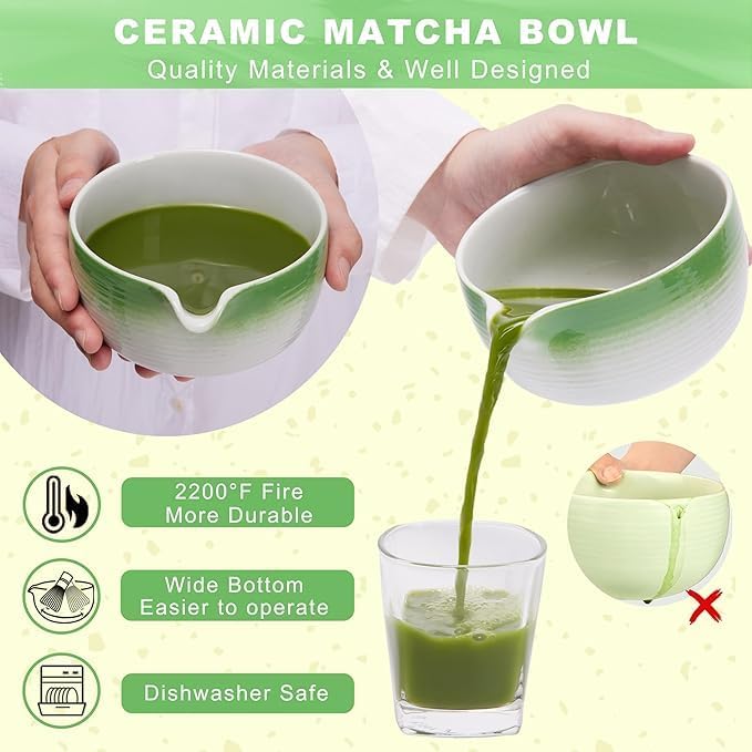 Liying Japanese Matcha Set Includes Matcha Bowl with Spout, Matcha Whisk Holder (chasen), Bamboo Matcha Whisk and Bamboo Scoop (Green)