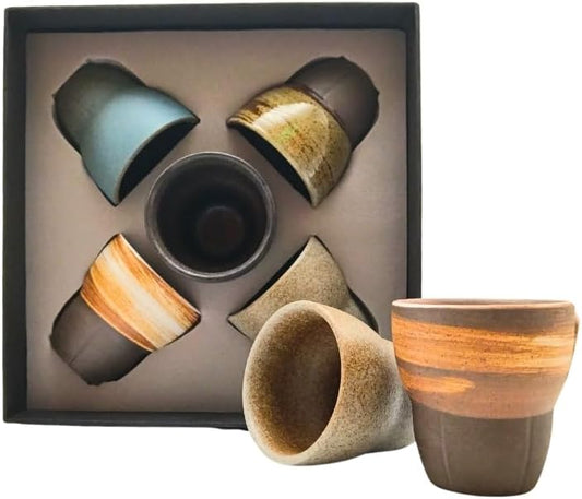 Liying Ceramic Coffee Cup Set, 100ml, 5 Pieces, Handmade Art Design, Shiny Brown with Gift Box
