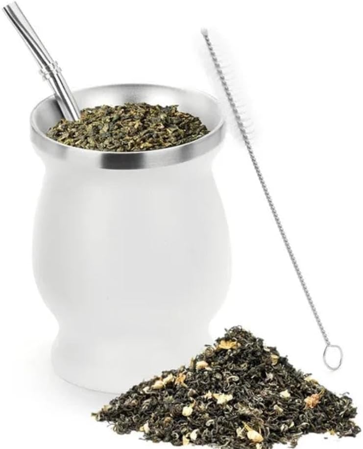 Liying Stainless Steel Double-Wall Mate Cup And Bombilla Set - Yerba Mate set Includes One Yerba Mate Cup, 2 Bombillas Mate (Straw) & Brush (White)