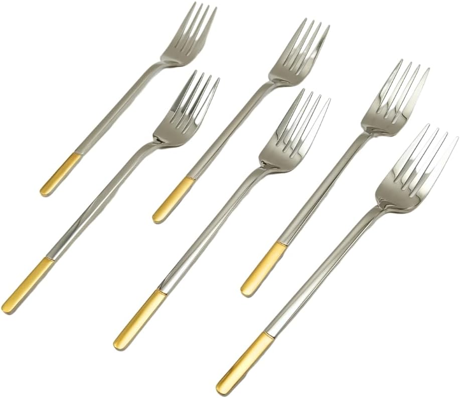 Liying 6Pcs Gold Topper Design Stainless Steel Dinner Fork Set 21cm x 2.5cm, Modern Silver Big Fork for Home, Kitchen, Restaurant, Fine Edge & Mirror Polished, Dishwasher Safe