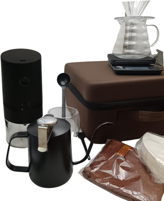 Liying 12Pcs Travel Coffee Set with Goose Neck Kettle, Digital Scale, Double Walled Glass Mug, Glass Server, Electric Grinder, Acrylic Dipper, 100 pcs Paper Filter, towel and Scope for Drip Coffee