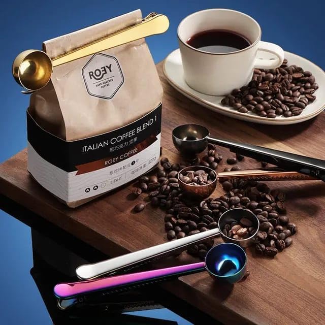 Liying Coffee Scoop Clip Stainless Steel Tablespoon Coffee Spoon With long handle Multifunction Sealing Bag Clip For Tea, Coffee, Protein Powder, Instant Drinks (Silver)