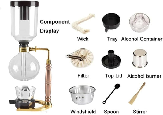 Liying 3cup Tabletop Siphon (Syphon) Coffee Maker with Alcohol Burner, Plastic Coffee Powder Spoon, Filter Cloth and Wooden Stirrer (Black)