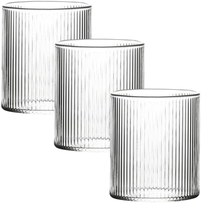 Liying 3Pcs Vintage Coffee Mug 300ml Glass Cup Large Wide Mouth Clear Glass Tea Cup Aesthetic Stripe Glassware for Coffe, Tea, Dessert Beverage