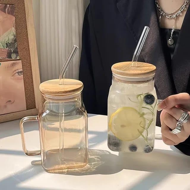Liying 500ml Mug with Bamboo Lid and Glass Straw Set of 1 with Wide Mouth Reusable Drinking Glasses,Boba Cup, Smoothie Tumbler, Iced Coffee Cup, Travel Mug