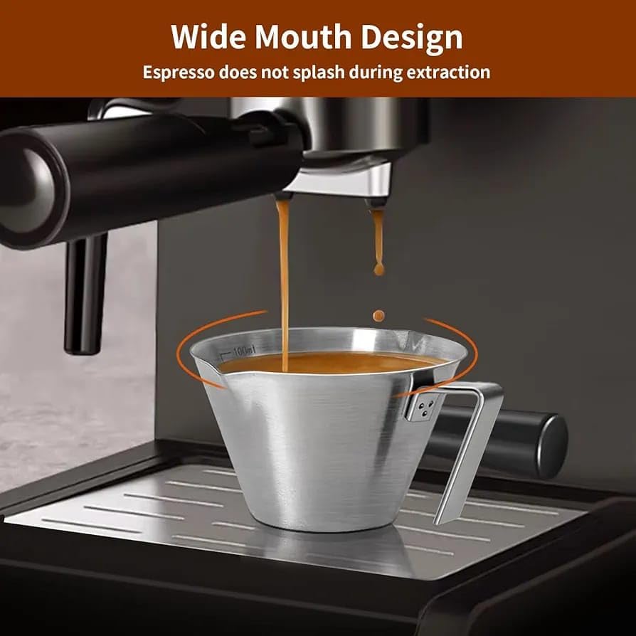 Liying 1Pcs Stainless Steel Espresso Cups 100ml, Espresso Accessories, Double Spout Metal Measuring Cup with Dual Scale, Espresso Shots Cup with Handle, Coffee Bean Weighing (Silver)