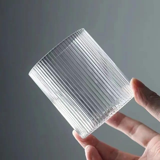 Liying 3Pcs Vintage Coffee Mug 300ml Glass Cup Large Wide Mouth Clear Glass Tea Cup Aesthetic Stripe Glassware for Coffe, Tea, Dessert Beverage