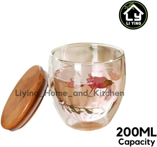 Liying Double-walled Borosilicate Clear Glass 200ML Coffee Mug with Bamboo Lid for Hot or Iced Coffee, Milk, Latte,Cappuccinos & Cocktails (Small)