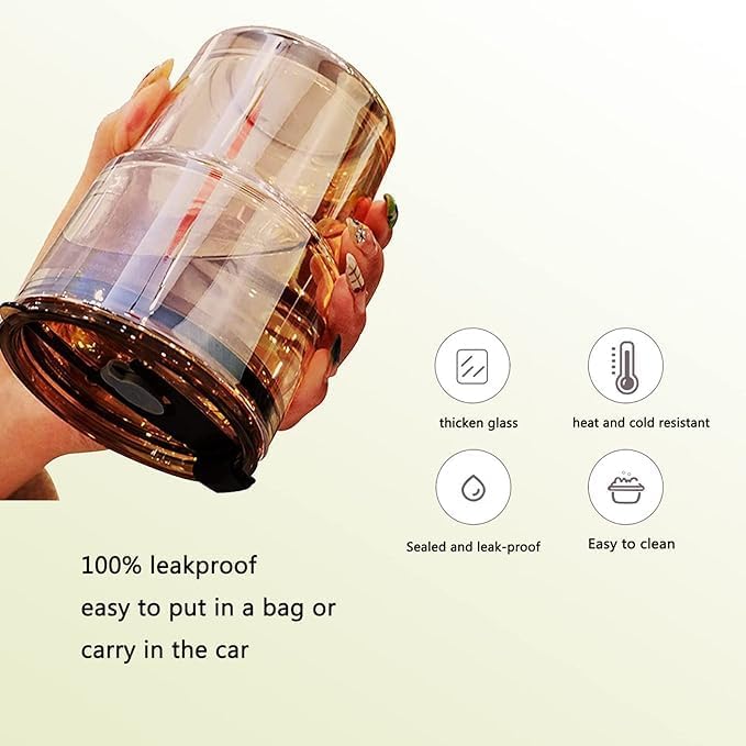 Liying 350ml Glass Coffee Tumbler with Straw and Lid Sealed Carry on, Glass Iced Coffee Cup, Leak-Proof Glass Tumbler Cup, Reusable Smoothie Mugs for Cold & Hot Drinks, Coffee, Tea, Shake (Black)
