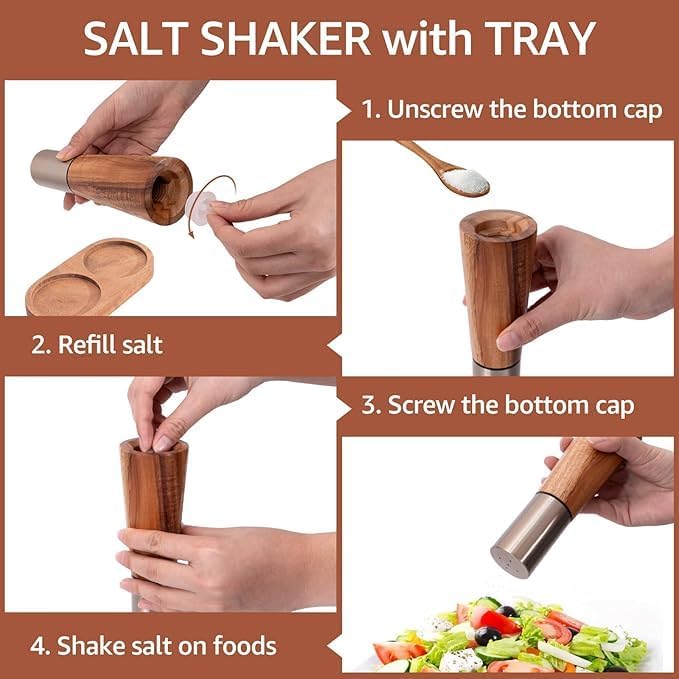 Liying Salt Shaker and Pepper Grinder with Tray, High Strength Ceramic Grinding Core, Refillable Salt Shaker & Pepper Mill Adjustable for Customized Coarseness (Gold)