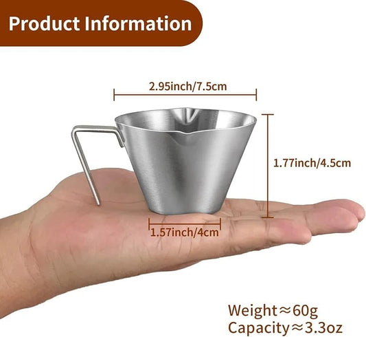 Liying 1Pcs Stainless Steel Espresso Cups 100ml, Espresso Accessories, Double Spout Metal Measuring Cup with Dual Scale, Espresso Shots Cup with Handle, Coffee Bean Weighing (Silver)