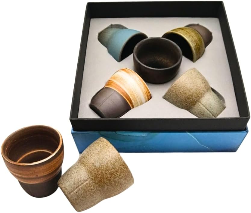 Liying Ceramic Coffee Cup Set, 100ml, 5 Pieces, Handmade Art Design, Shiny Brown with Gift Box