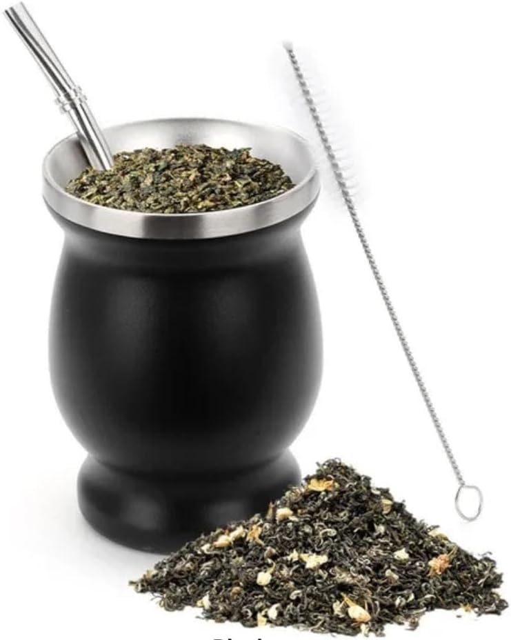 Liying Stainless Steel Double-Wall Mate Cup And Bombilla Set - Yerba Mate set Includes One Yerba Mate Cup, 2 Bombillas Mate (Straw) & Brush (black)