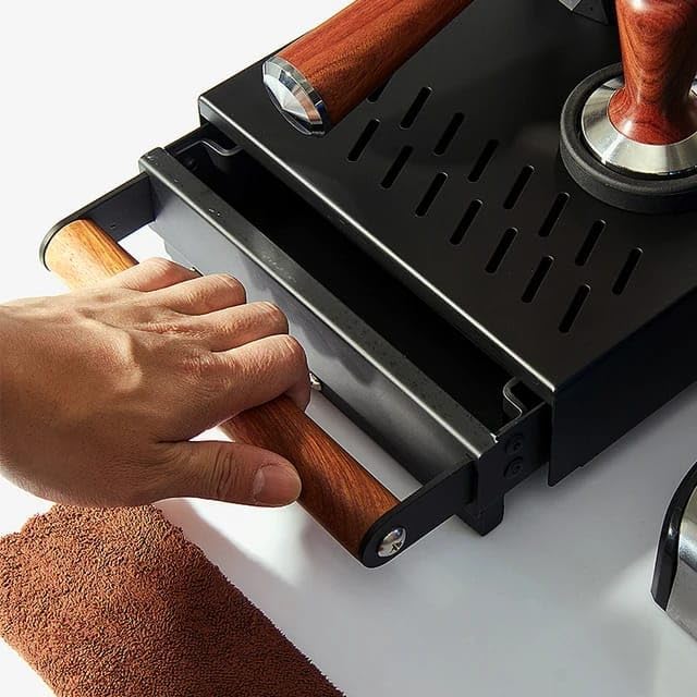 Liying Espresso Knock Box Drawer, Stainless Steel Coffee Grounds Container with Wood Handle, Removable Rubber Knock Bar and Non-Slip Base (Big)