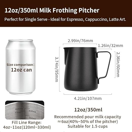 Liying Stainless Steel Milk Frothing Pitcher 350ml - Espresso Steaming Pitcher for Cappuccino, Latte Art, Coffee Machine Accessories Milk Jug Milk Frother Cup, Black
