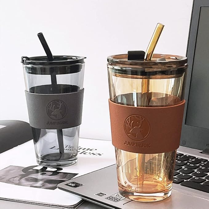 Liying 450ml Glass Coffee Tumbler with Straw and Lid Sealed Carry on, Glass Iced Coffee Cup, Leak-Proof Glass Tumbler Cup, Reusable Smoothie Mugs for Cold & Hot Drinks, Coffee, Tea, Shake (Brown)